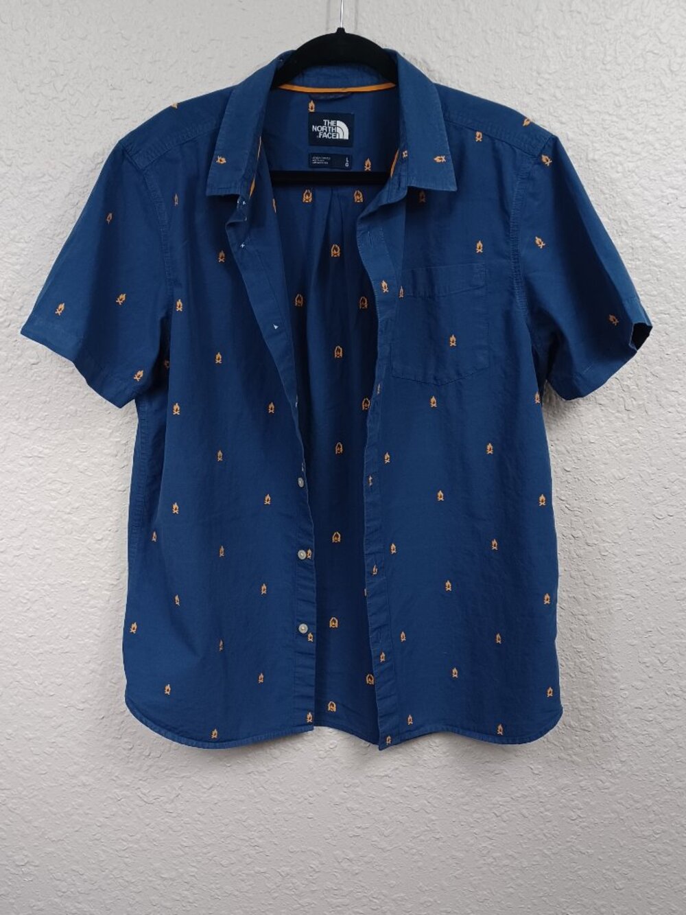 North Face Mens Large Short Sleeve Button Up Shirt Blue & Orange 100% Cotton